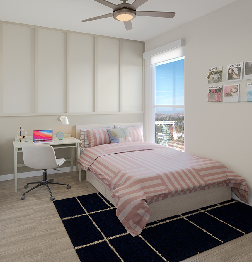 A fully furnished bedroom