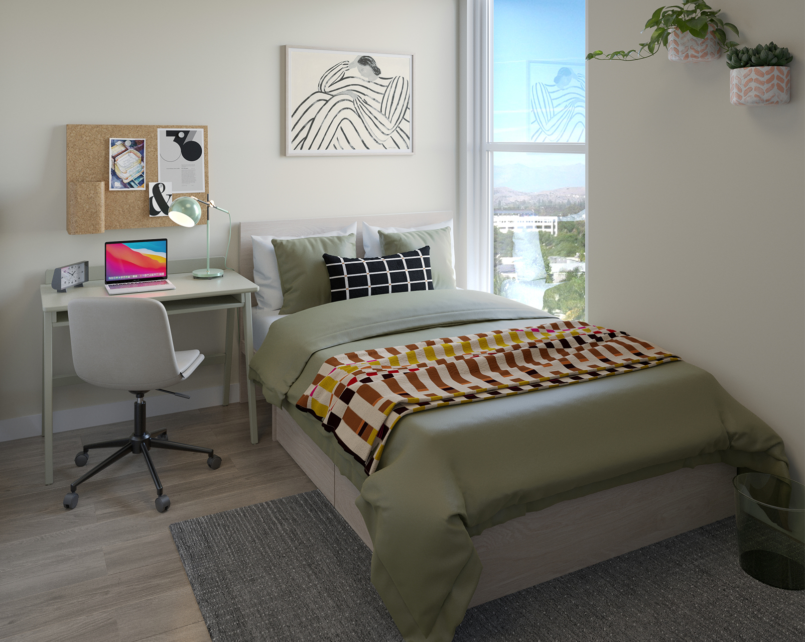 A bedroom with a study desk