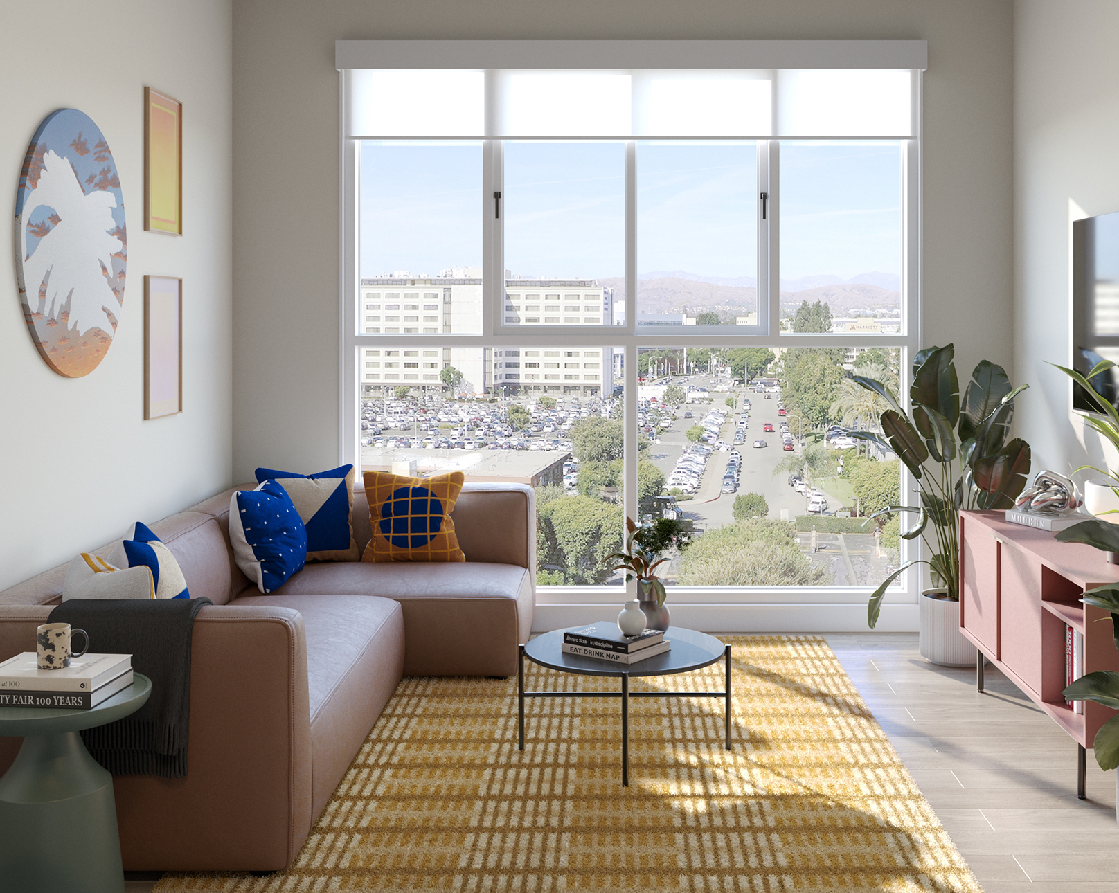A living room with a TV