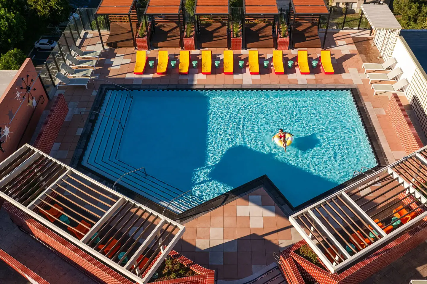 aerial view of a rooftop swimming pool